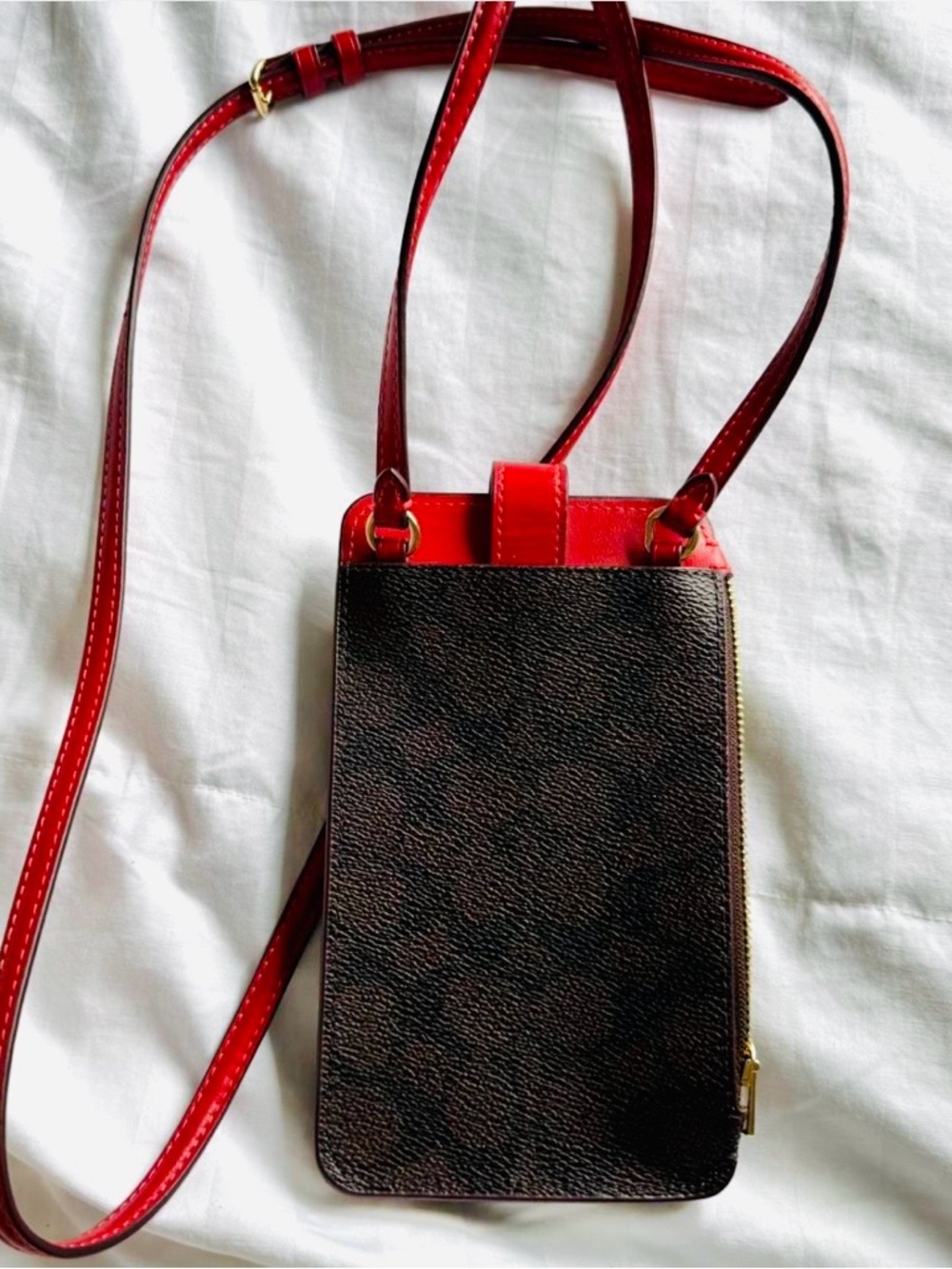 Coach Brown And Red Phone Holder Wallet Bag With Strap And Signature Logo - Picture 3 of 6